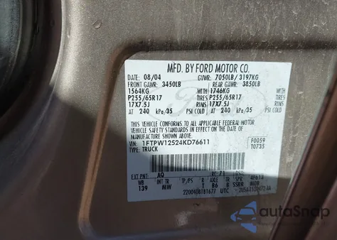 2004 Ford F-150 Lariat/Xlt z USA, uszkodzony, nr VIN 1FTPW12524KD76611